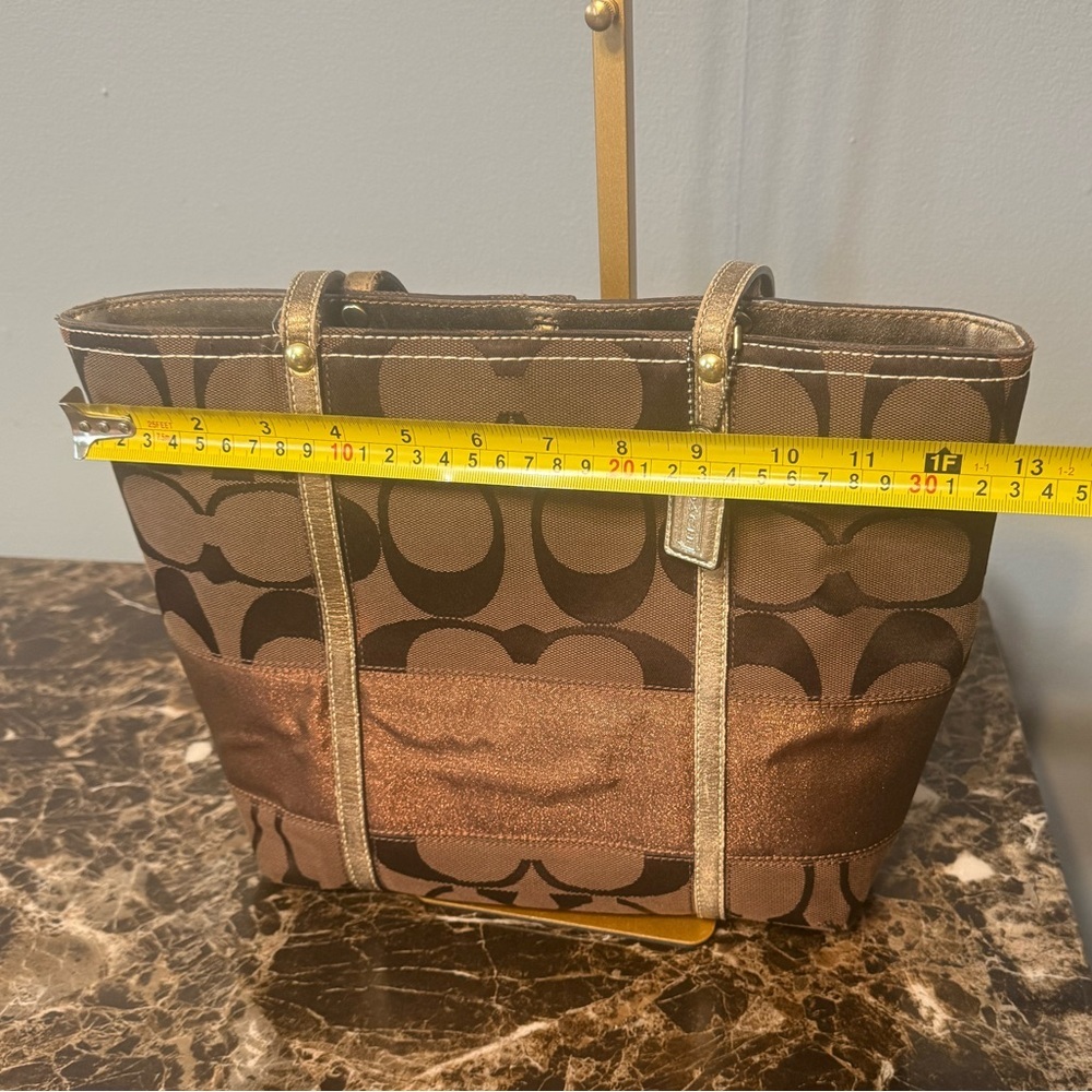 COACH Signature Stripe Tote Bag Brown Canvas Metallic Copper Trim Handbag - Picture 6 of 13